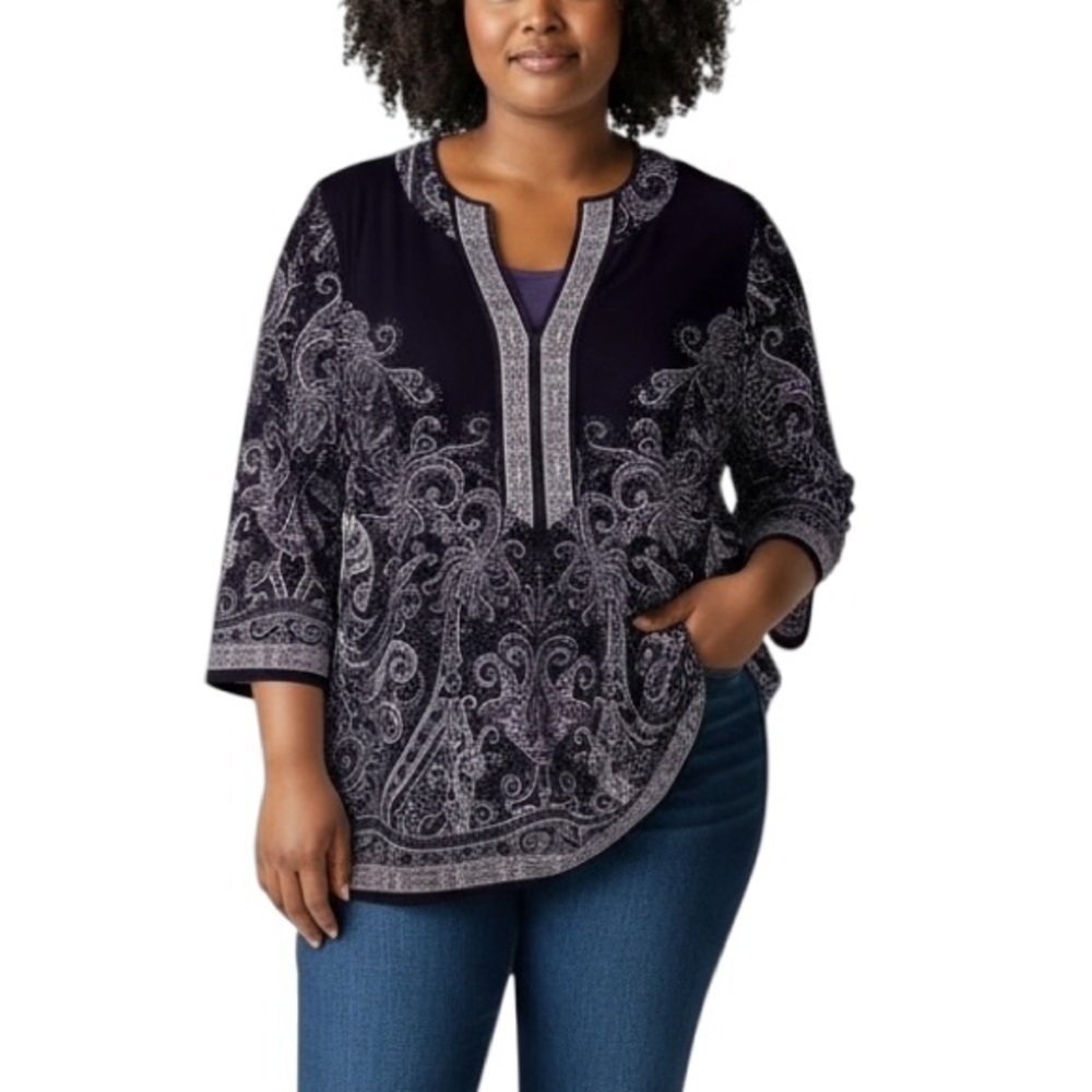 Roz & Ali Paisley Chic Embellished Split Neck Long Sleeves Tunic Top 1X Purple